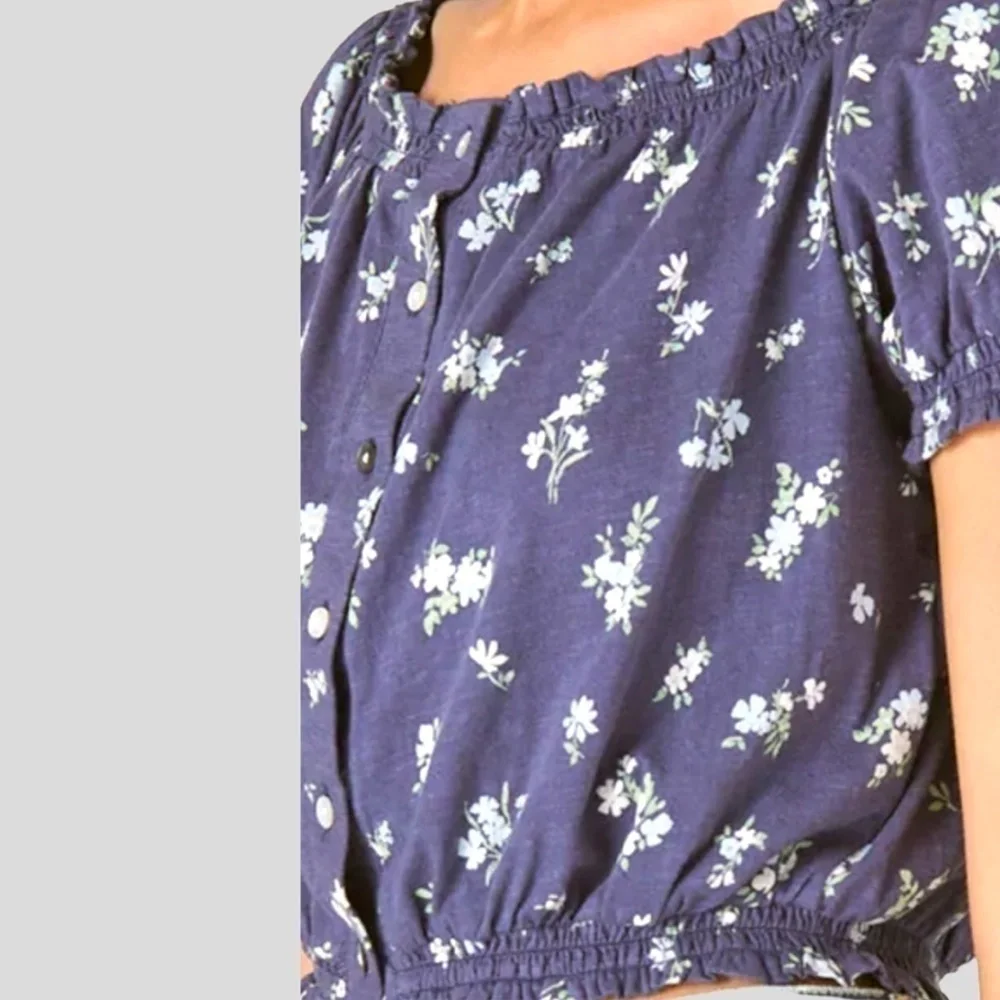 LUCKY BRAND Blue Floral On/Off Shoulder Bubble-Hem-Waist Peasant Top NWT/Lg